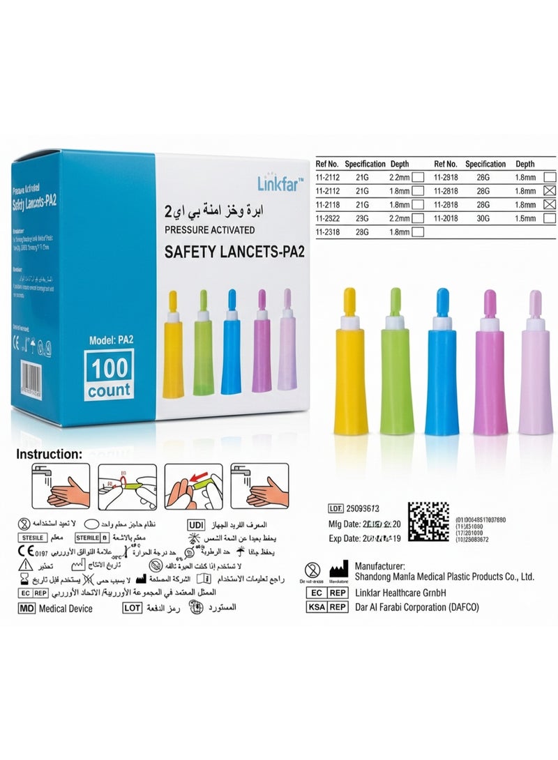 Disposable Pressure Activated Safety Lancet - PA-2 (28G - 1.8mm)- 100/PK